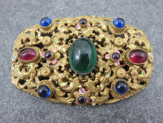 4.677 Vintage brooch, gold tone, filigree, blue crystal, Czechoslovakia