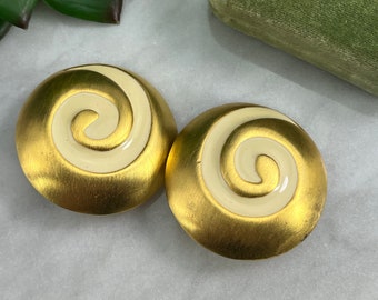 Vintage Gold Tone Clip Earrings: Cream Enamel Swirls