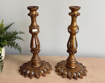 Spanish Florentine Candlesticks - Mirrored Wood, Gilt Gold