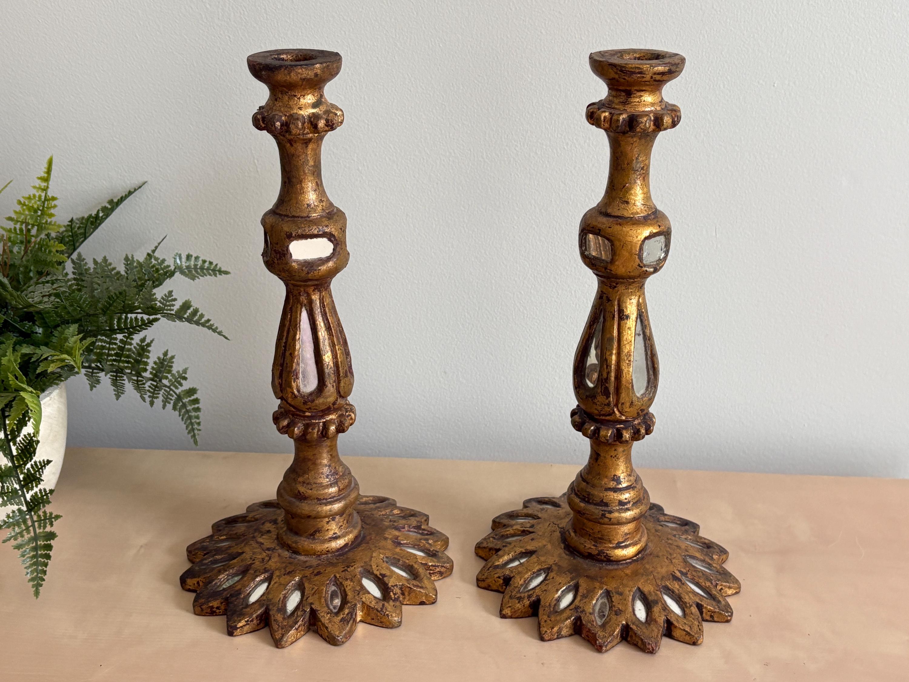 Spanish Florentine Candlesticks - Mirrored Wood, Gilt Gold