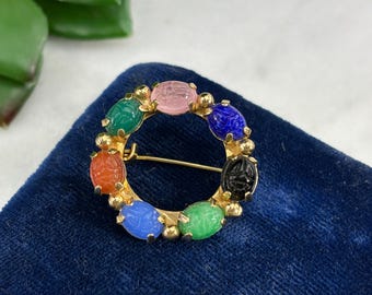 Vintage Scarab Brooch - Gold Tone Egyptian Revival Wreath Brooch Costume Jewelry