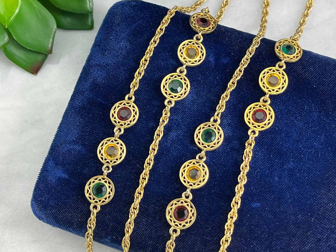 Long Gold Chain Necklace Vintage Mid Century Glass Gem Etsy