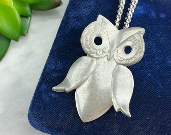 Pewter Owl Pendant - Vintage Boho Costume Jewelry, Silver Tone, Reed & Barton