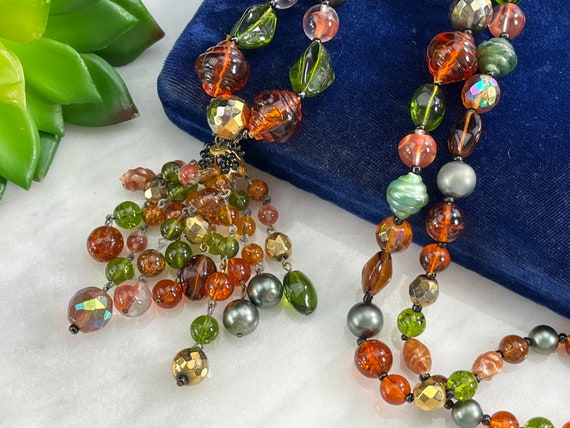 Tassel Necklace - Orange Brown Green Beads 1960s … - image 1