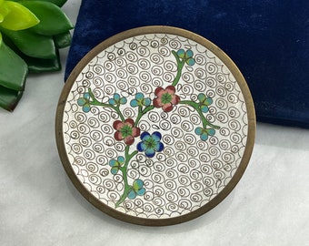 Vintage Cloisonne Dish - Trinket Bowl Flowers Chinese White and Green Enamel Ashtray