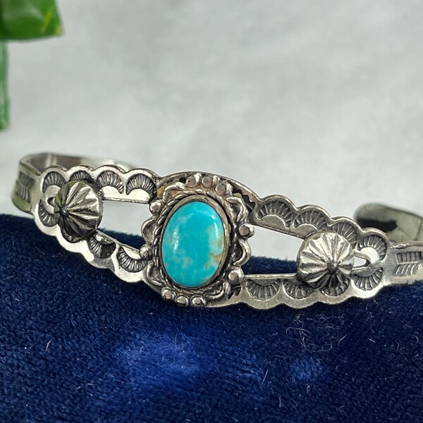 Native American Style Turquoise Cuff Bracelet - Petite Sterling Silver, Adjustable