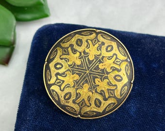 Vintage Damascene Brooch - Gold Inlaid Steel, Costume Jewelry, Toledo
