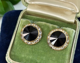 Vintage Rhinestone Earrings - Gold Tone Statement Earrings with Black Rivoli Stones