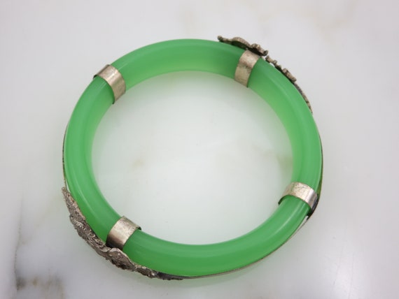 Chinese Jade Green Glass Bangle - Metal Overlay D… - image 6