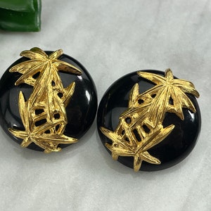 Large Black and Gold Bamboo Monet Jewelry Earrings - 1980s 1990s Costume Jewelry Vintage Earrings for Women
