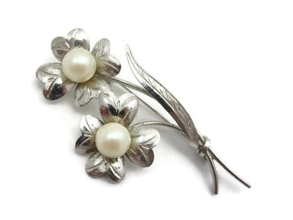 Sterling and Pearl Brooch - Flowers - image 4