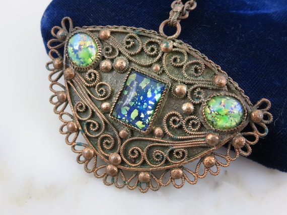 Mid Century Copper Necklace -  Faux Opal Art Glass - image 1