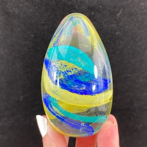 Glass Egg Paperweight - Blue and Yellow Swirl