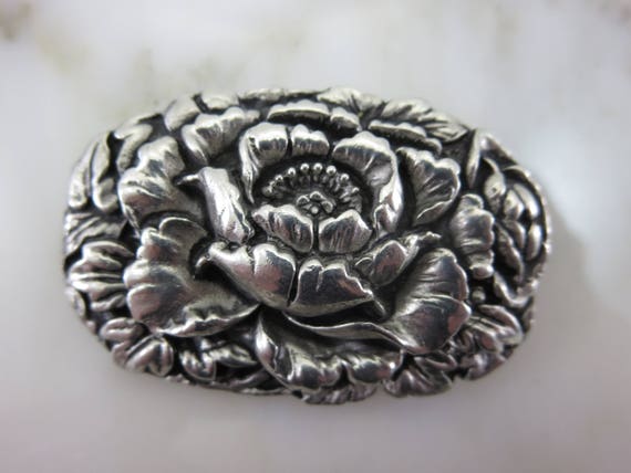 Silver Flower Brooch - Sterling Silver Over Pewte… - image 5