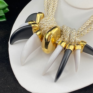 Vintage Chunky Claw Necklace - Ropes, Gold Tone Beads and Lucite Claws in Black and White