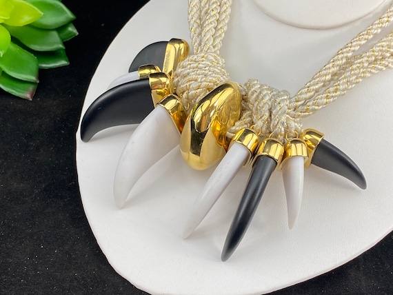 Vintage Chunky Claw Necklace: Gold Tone, Black & White Lucite