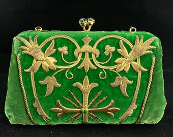 Vintage Green Velvet Handbag Purse with Gold Embroidery and Rhinestones - Made in France for Bloomingdale's