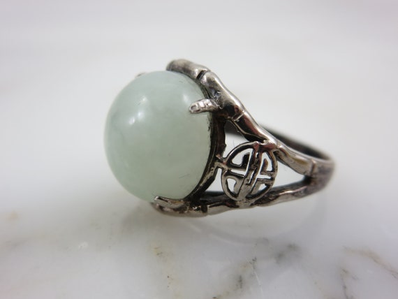 Vintage Jadeite Jade Ring – Sterling Silver Bamboo & Shou Symbol – Size 6 Statement Ring