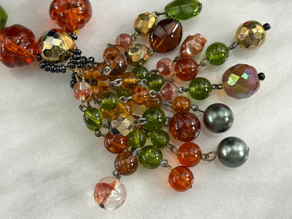 Tassel Necklace - Orange Brown Green Beads 1960s … - image 4