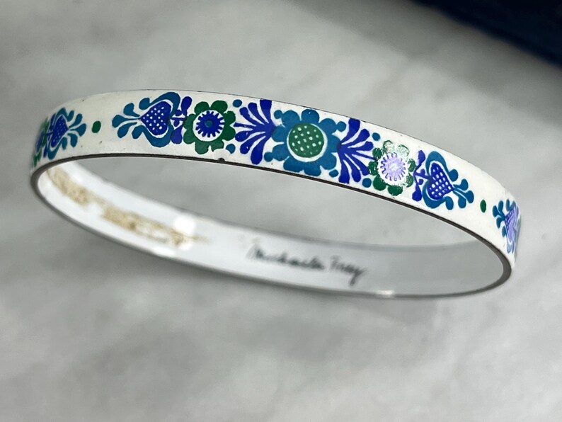 Enamel Bangle Bracelet Michaela Frey Austria, Hand Painted Green and