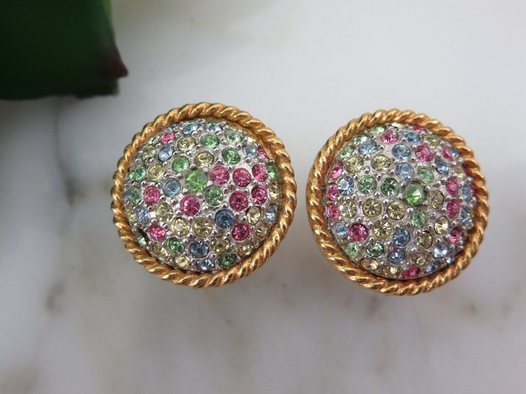Vintage Colorful Rhinestone Earrings Marvella Jewelry Rainbow Clip on