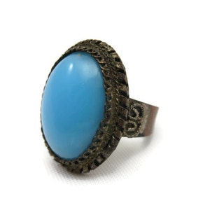 Chinese Turquoise Glass Ring - Export, Robins Egg Blue, Adjustable, Copper Color Metal, Statement Ring Trending Jewelry