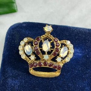 Vintage Crown Brooch - Rhinestones and Faux Moonstone, Royal Theme Costume Jewelry