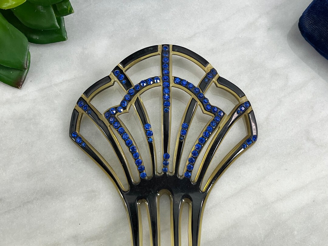 Art Deco Celluloid Comb - Blue Rhinestones Black Yellow Translucent ...