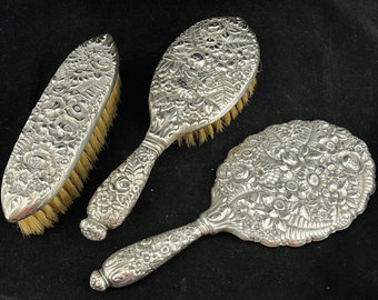 Antique Tiffany & Co Sterling Silver Hand Mirror Vanity Set - Repousse Art Nouveau Flowers 1890s