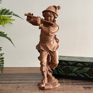 Carved Wood Figurine - Boy Playing Flute, Italian Art Carving