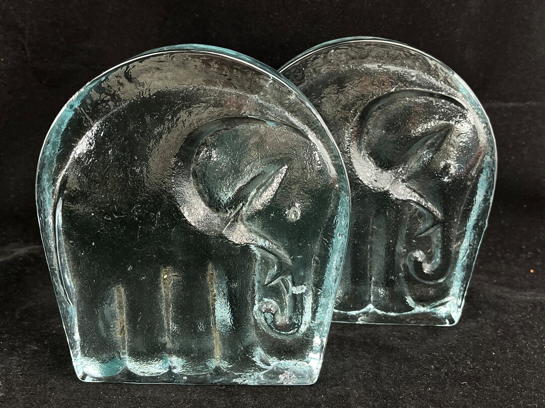 Large Blenko Glass Elephant Bookends Clear Ice Block Mid Century Home