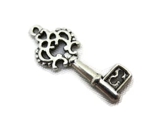 Ornate Silver Skeleton Key Pendant Charm
