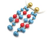 Art Glass Beaded Earrings - Long, Red, Blue, Gold Tone Posts, Costume Jewelry Vintage Earrings for Women