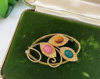 Vintage 12K Gold Fill Scarab Brooch - Carved Stone Scarabs in Original Box
