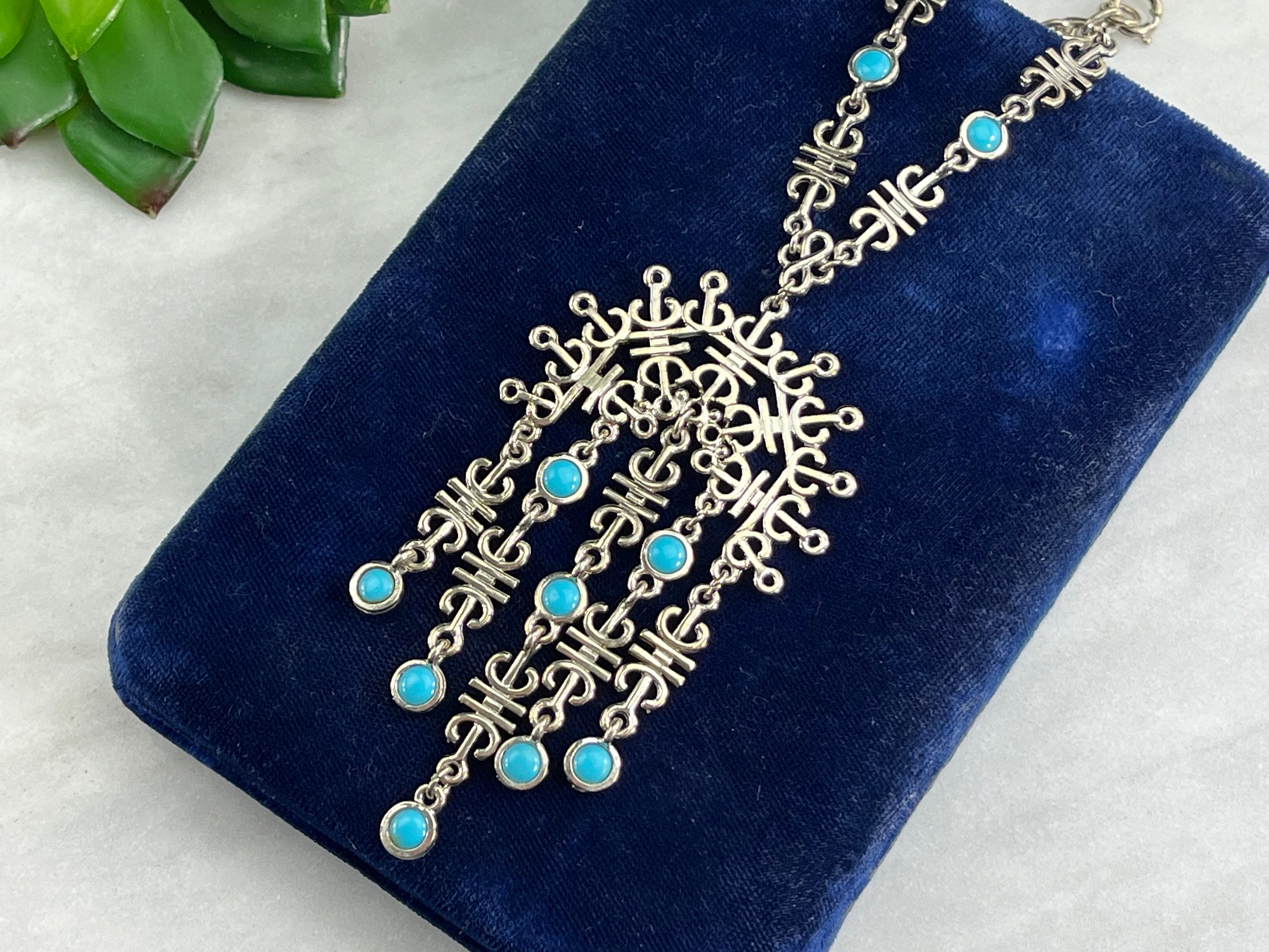 Vintage Faux Turquoise Necklace - Mid Century Modern, Long Silver Boho Costume Jewelry 1970s
