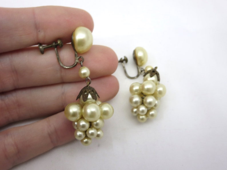 Champagne Pearl Earrings Clusters, Screwback, Bridal, Wedding, Faux Pearl Costume Jewelry Vintage Earrings for Women image 3