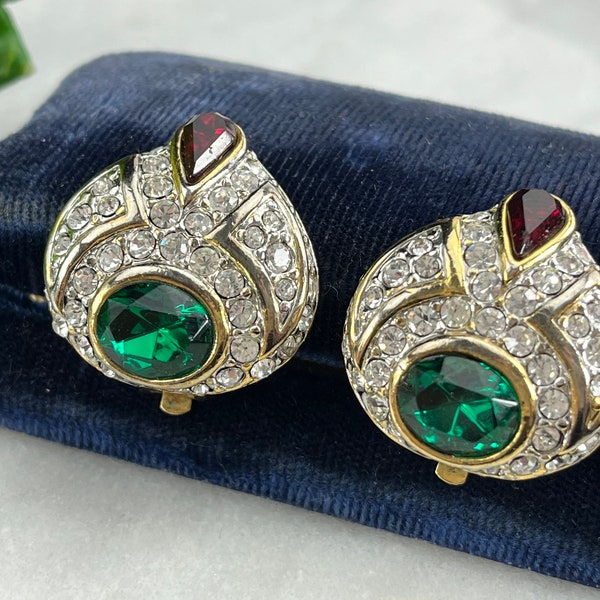 Large Costume Jewelry Rhinestone Earrings - 1990s Moghul Style Jewelry Statement Earrings, Gold Tone