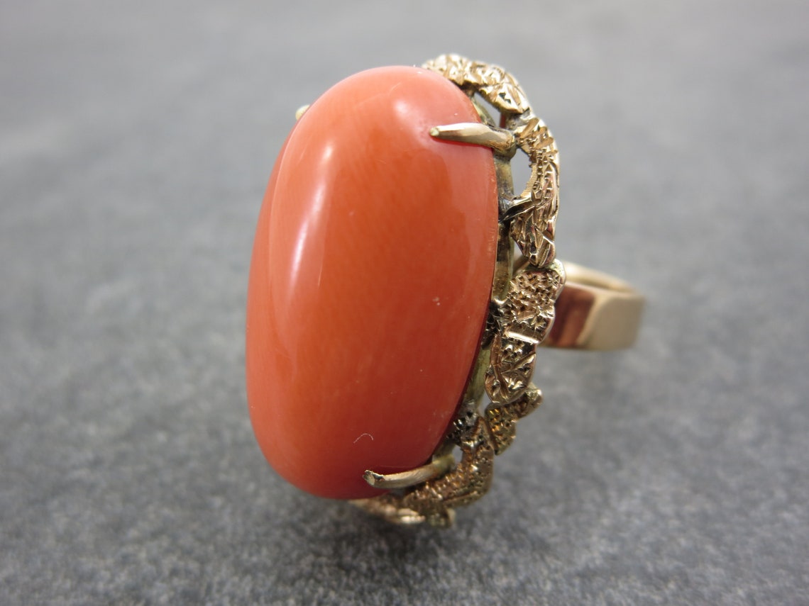18k Coral Ring Large Coral Ring Gold Coral Solitaire Ring Etsy
