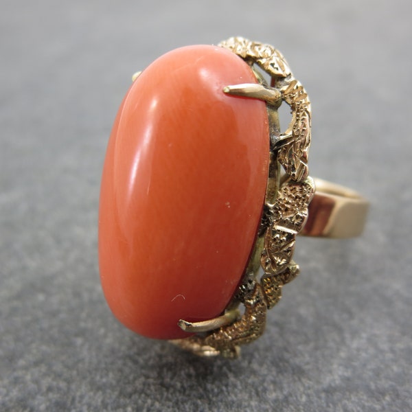 18k Coral Ring - Large Coral Ring, Gold Coral Solitaire Ring, Bold Coral Statement Ring, Coral Rings for Women Trending Jewelry