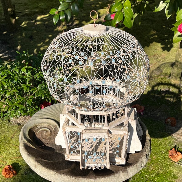 Vintage Wood and Wire Bird Cage - Balloon White Onion Dome with Blue Accents, Large Birdcage