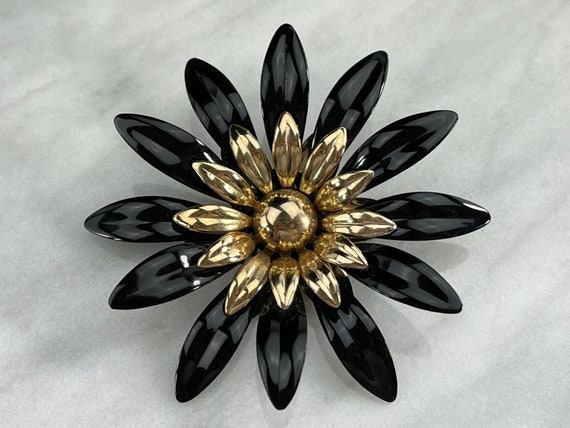 Black Enamel Flower Brooch - Vintage Sarah Covent… - image 2