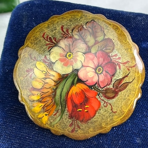 Vintage Hand Painted Brooch - Russian Folk Art, Signed