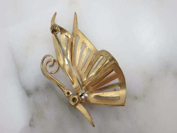 Rhinestone Brooch - Gold Tone Butterfly Brooch, R… - image 3