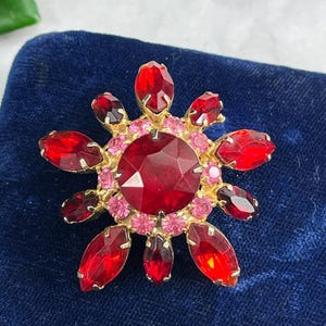 Red Rhinestone Brooch - 1950s 1960s Mid Century Costume Jewelry