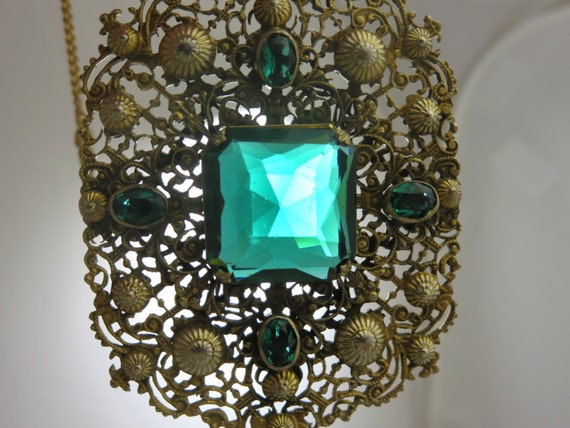 Green Glass Necklace - Lavalier, Czech Glass Jewe… - image 4