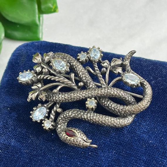 Coro Rhinestone Snake Brooch - Silver Tone Costum… - image 1