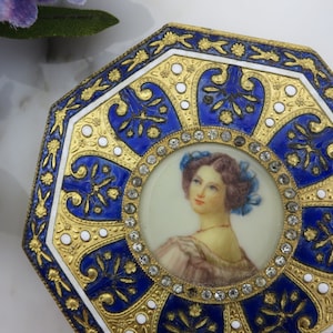 Portrait Compact - Hand Painted, Enamel and Paste Rhinestones Powder Compact Blue Gold White Italy