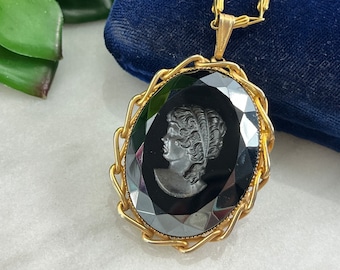 Glass Cameo Necklace - Reverse Intaglio Hematite in Silver Tone Link Setting Victorian Revival Costume Jewelry