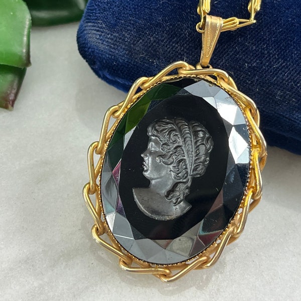 Glass Cameo Necklace - Reverse Intaglio Hematite in Silver Tone Link Setting Victorian Revival Costume Jewelry