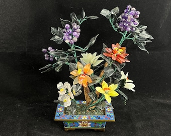 Vintage Asian Bonsai Jade Tree Flower Arrangement - Gemstone Grapes & Cloisonne Planter